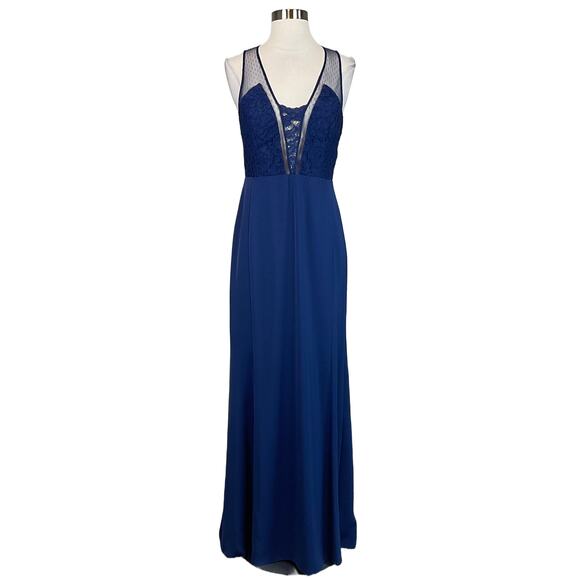 Aidan Mattox Blue Lace Evening Gown Size 6 Sheer Back Sleeveless Long Dress - Picture 1 of 11